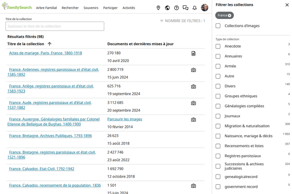 Explorer les archives FamilySearch - Tableau de resultats de recherche