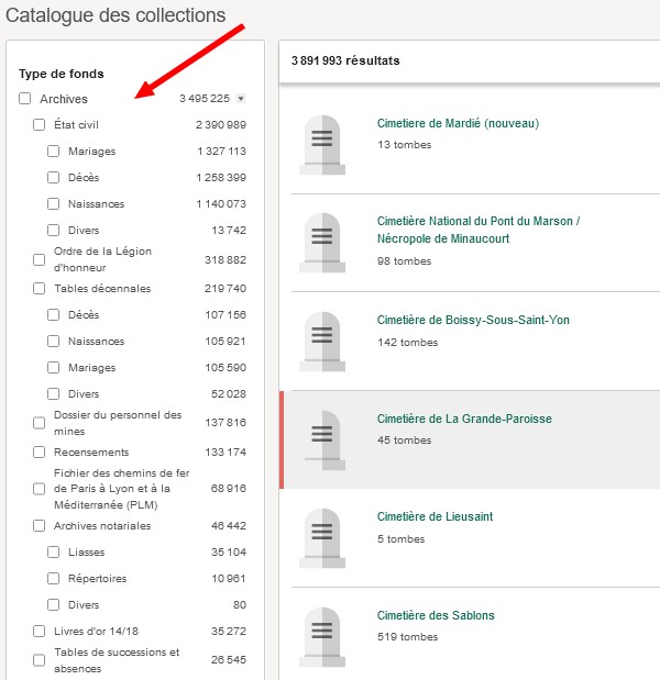 Comment explorer les archives disponibles sur Geneanet - Selection du type de fonds