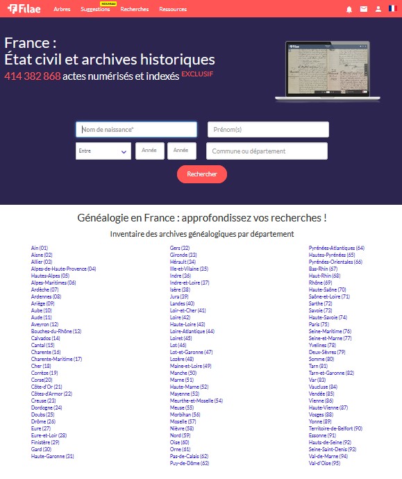 Collections généalogiques sur Filae par département