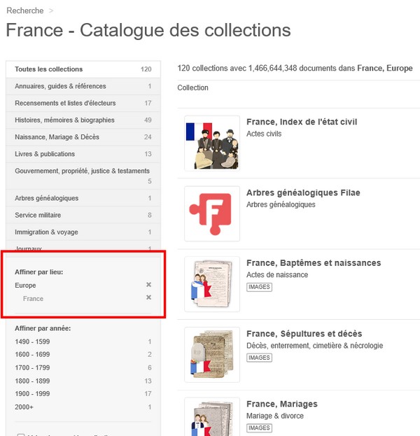 Comment explorer les archives disponibles sur MyHeritage - Filtre pays